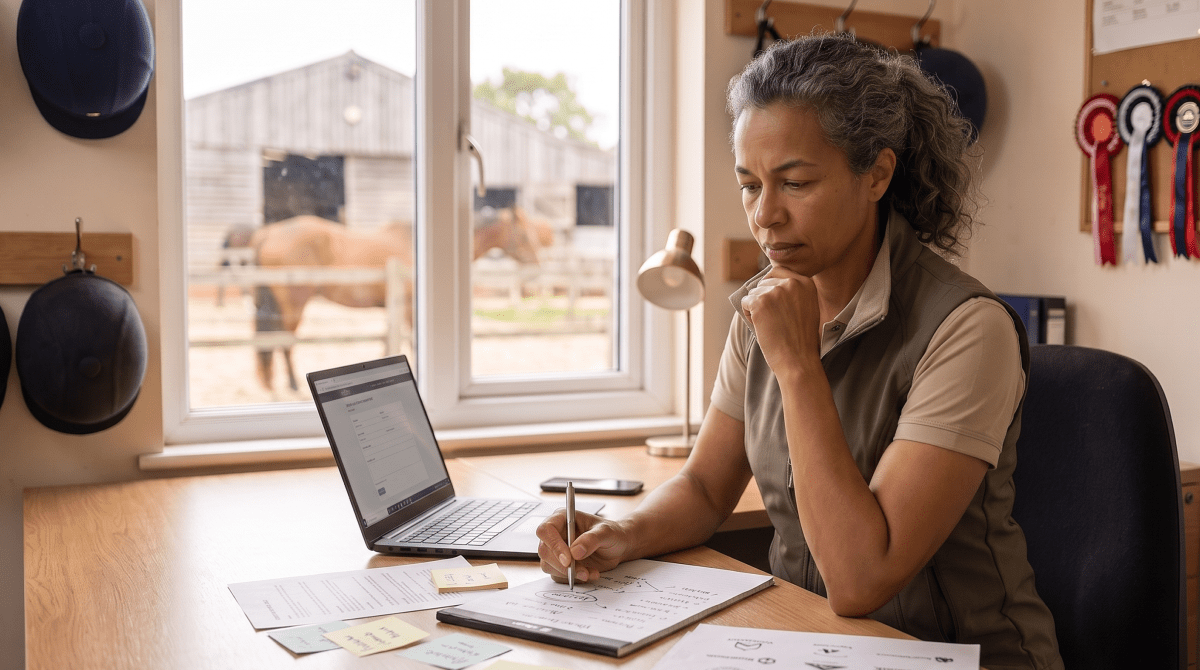 Horseback riding school owner brainstorming business name ideas
