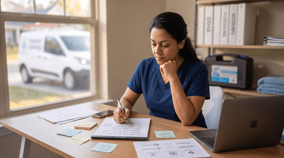 Hospital cleaning owner brainstorming business name ideas