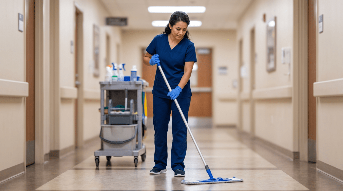 Hospital cleaning business owner cleaning a hospital