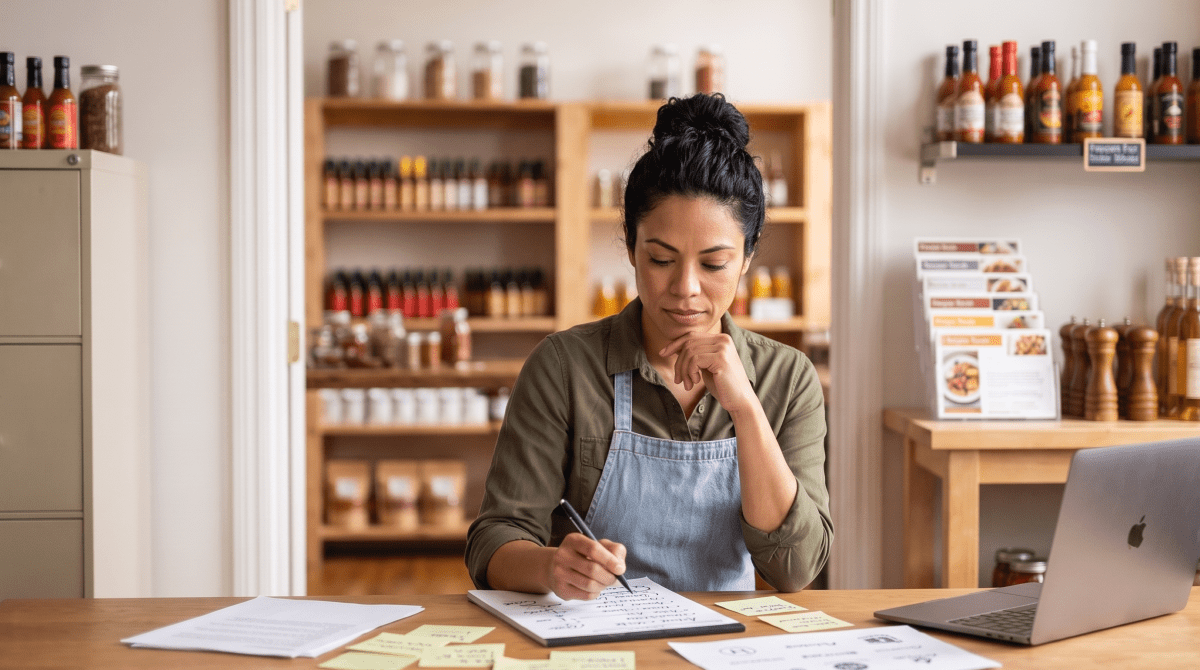 Hot sauce and spice store owner brainstorming business name ideas
