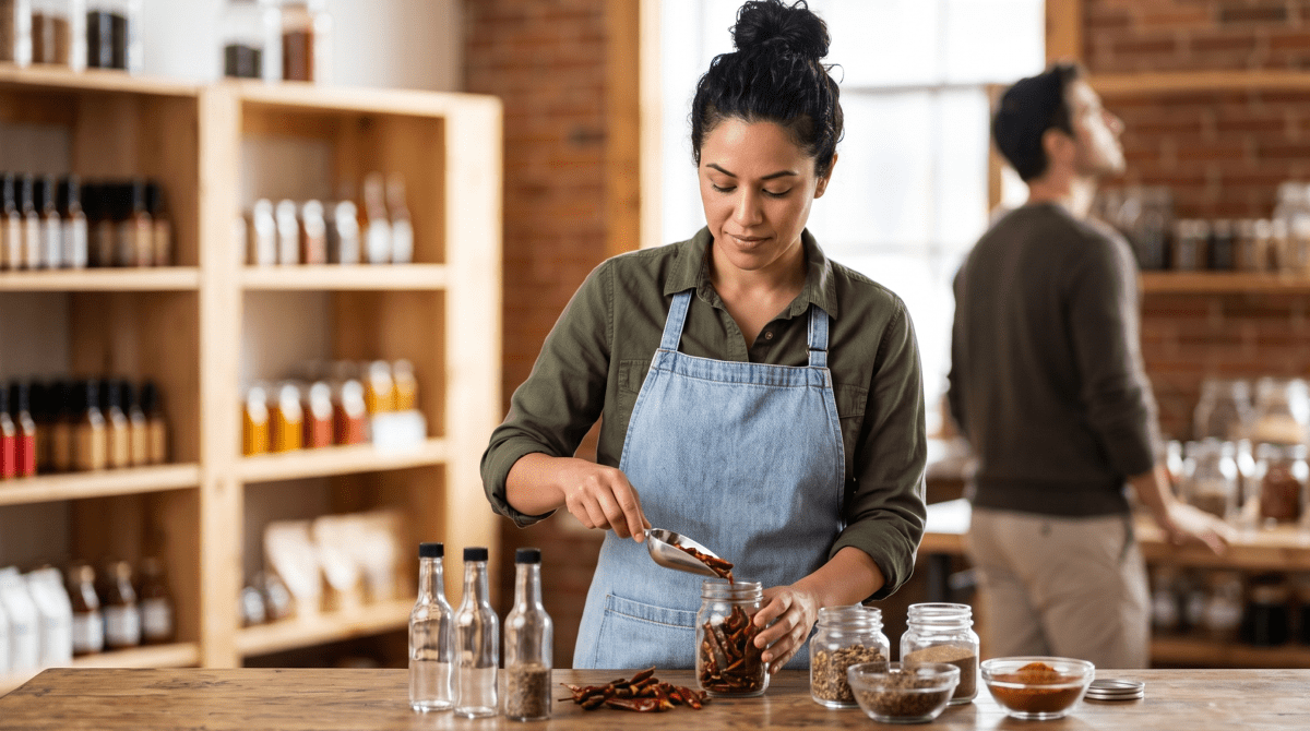 Hot sauce and spice store owner running a hot sauce and spice store