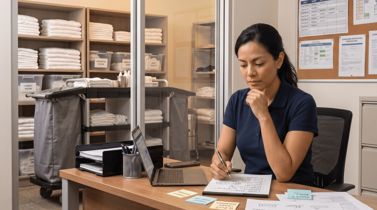 Hotel housekeeping service owner brainstorming business name ideas