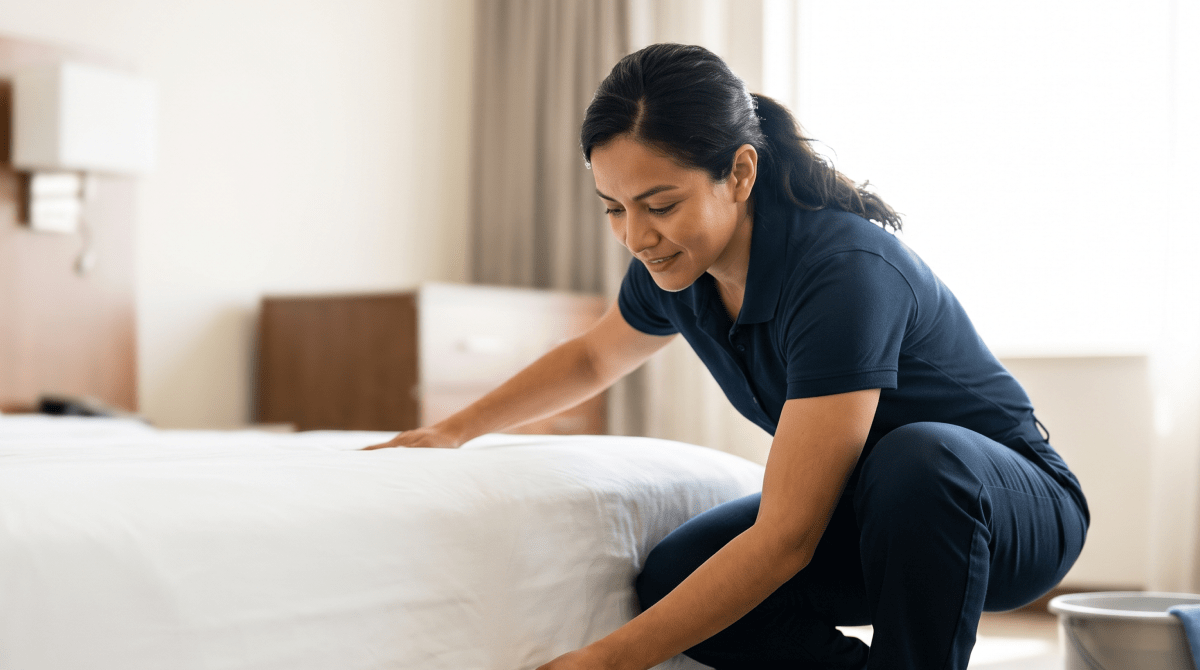 Hotel housekeeping service owner cleaning a hotel room