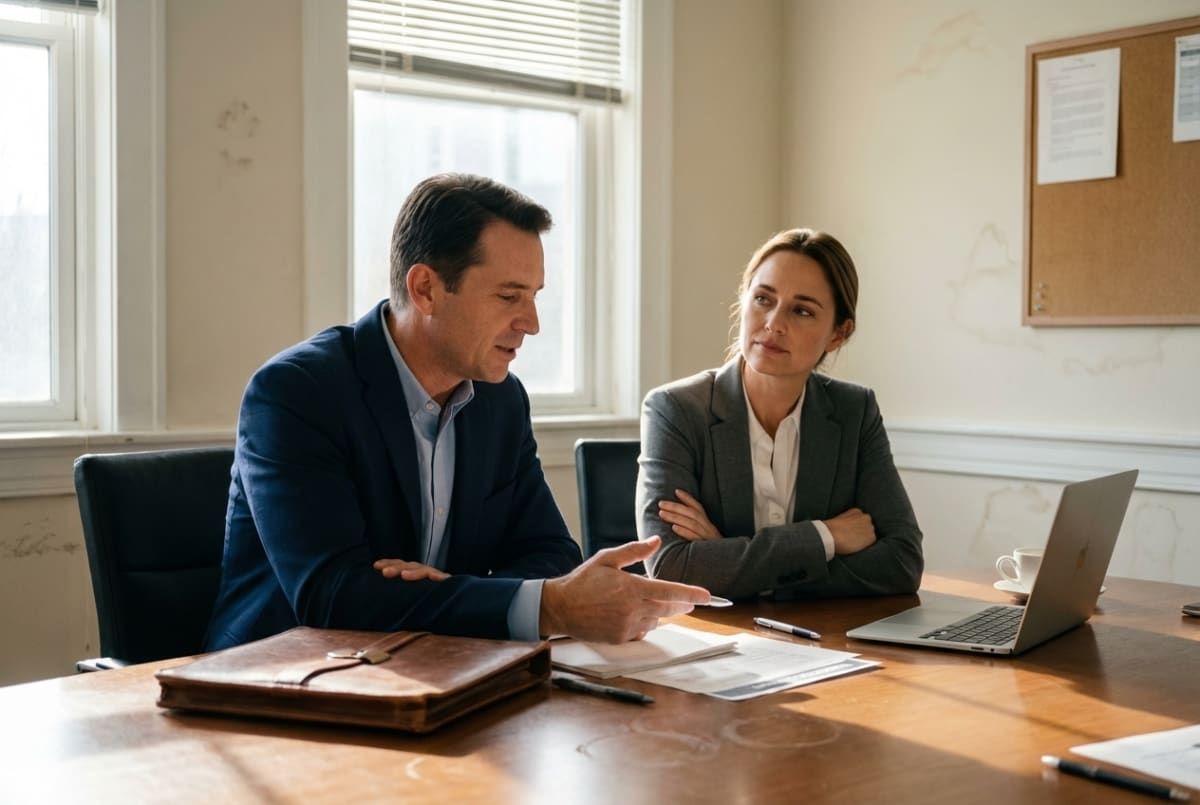 HR performance management consultant speaking with an employee about workplace development and goals
