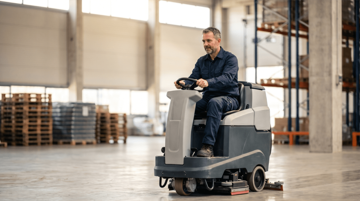 Industrial cleaning business owner cleaning an industrial facility for a commercial cleaning company
