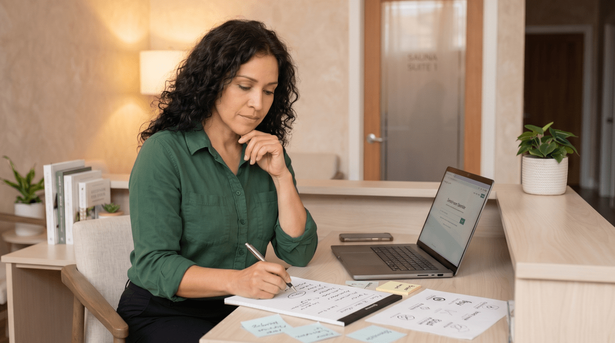 Infrared sauna owner brainstorming business name ideas