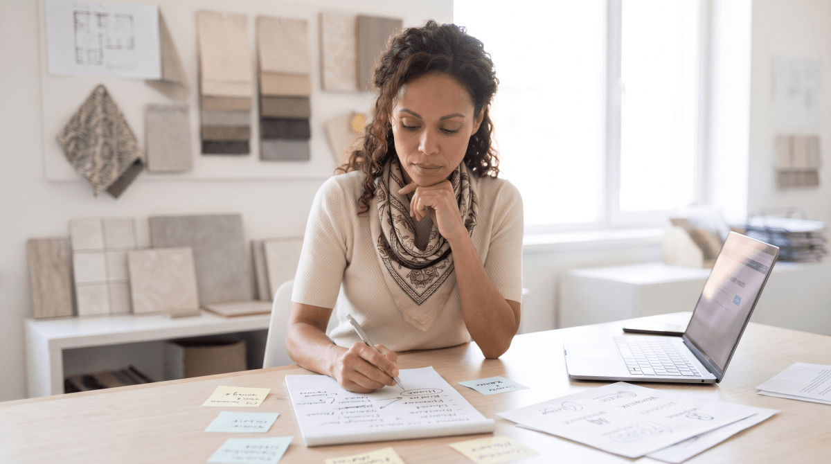 Interior design business owner brainstorming LLC name ideas