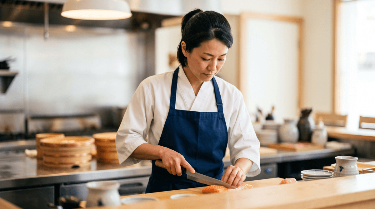 Japanese restaurant owner working on their business