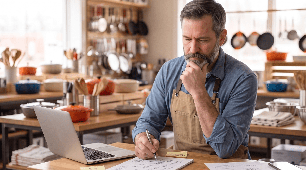 Kitchen supply store owner brainstorming business name ideas