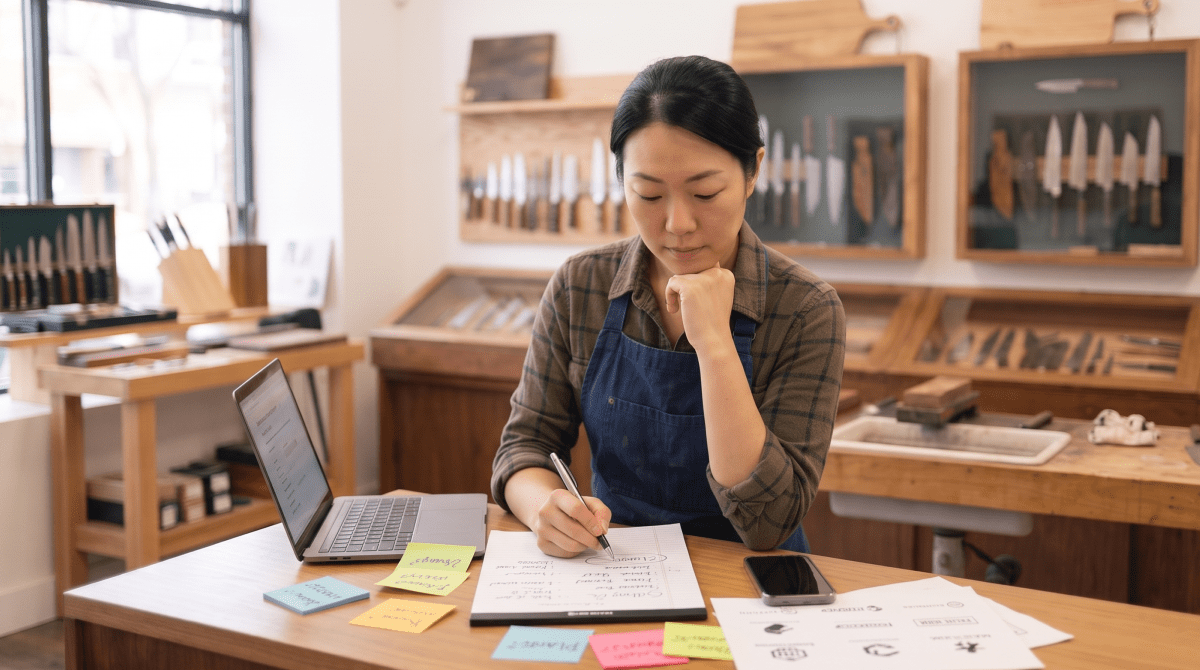 Knife and cutlery shop owner brainstorming business name ideas