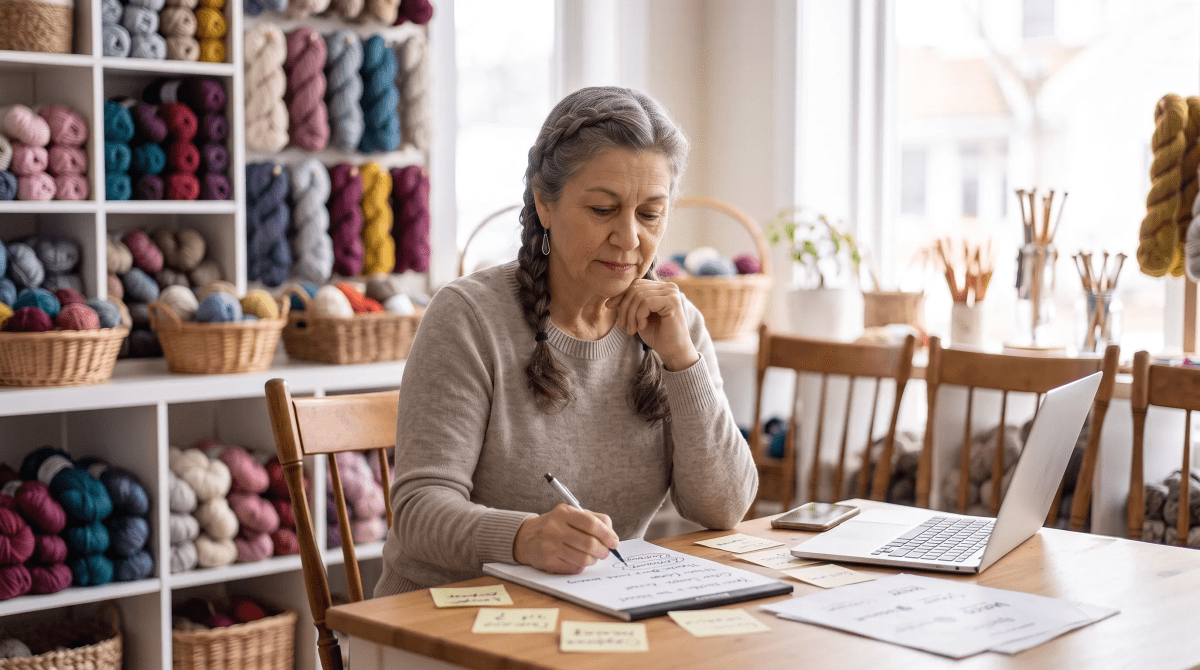 Knitting and crochet business owner brainstorming business name ideas