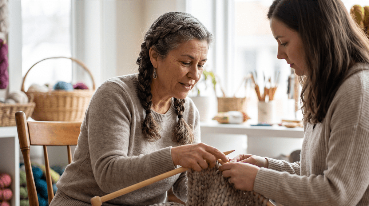 Knitting and crochet instructor demonstrating a stitch to students