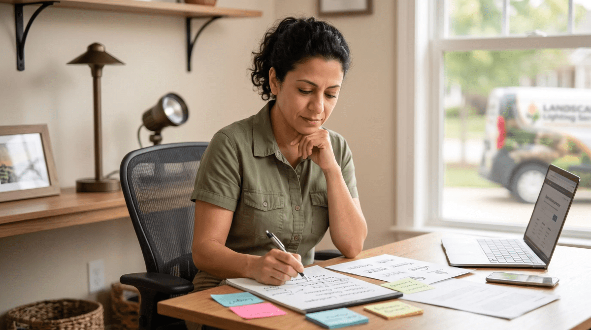 Landscape lighting owner brainstorming business name ideas