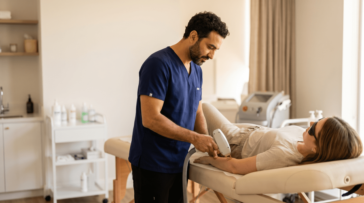Laser hair removal technician performing a treatment on a client