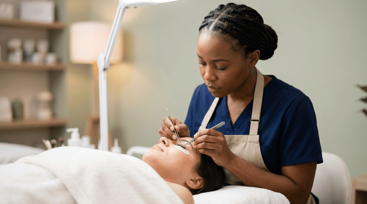 Lash extension artist applying eyelash extensions at a beauty and cosmetics business
