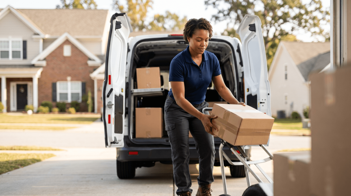 Last-mile delivery driver delivering packages to customers for a logistics and delivery company