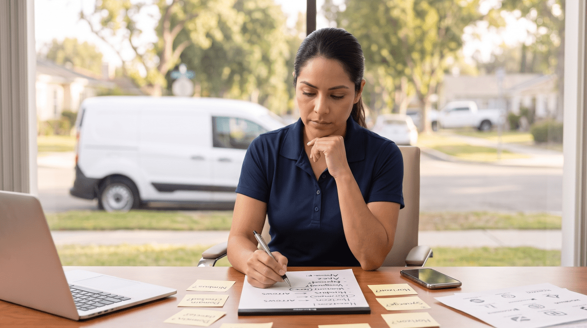 Last mile logistics owner brainstorming business name ideas