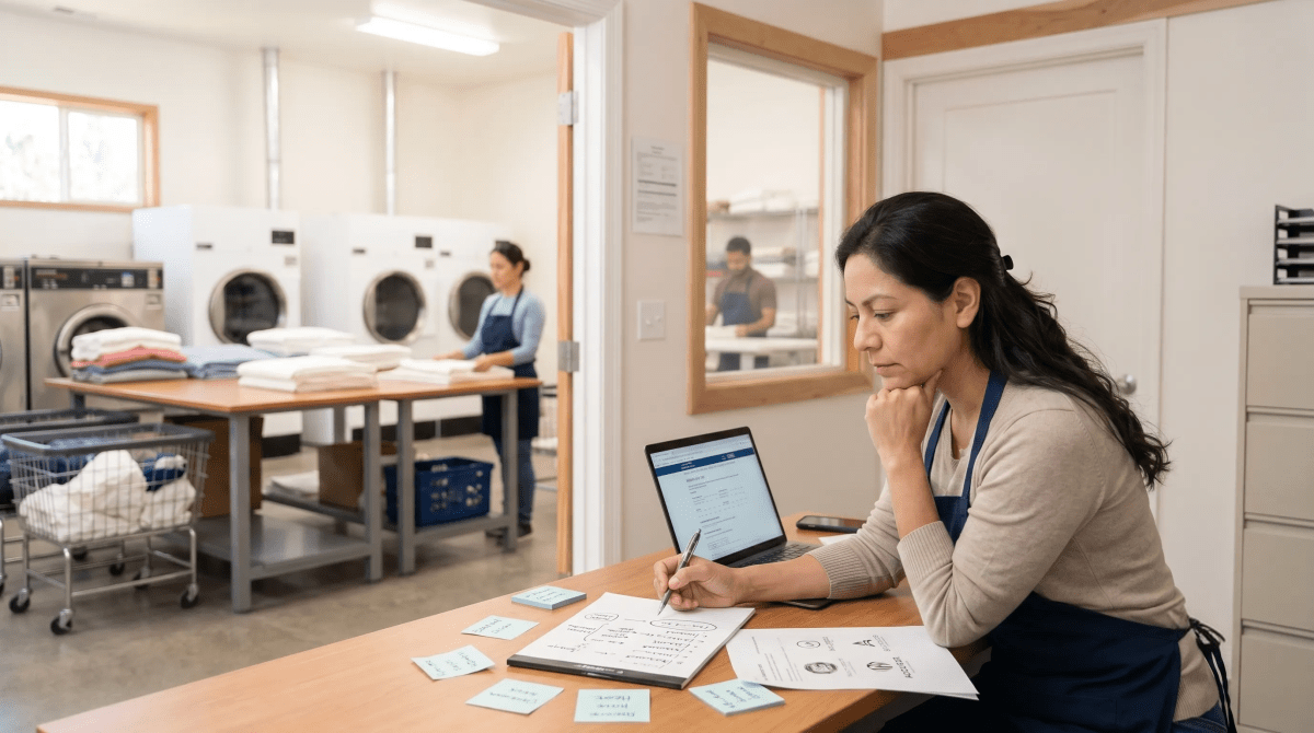 Laundry pickup and delivery owner brainstorming business name ideas