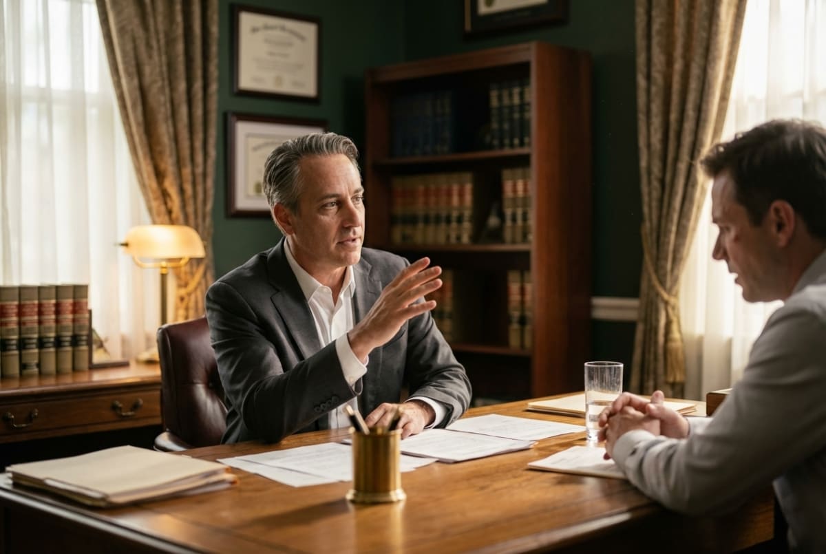 Law firm owner consulting with a client in a professional office setting