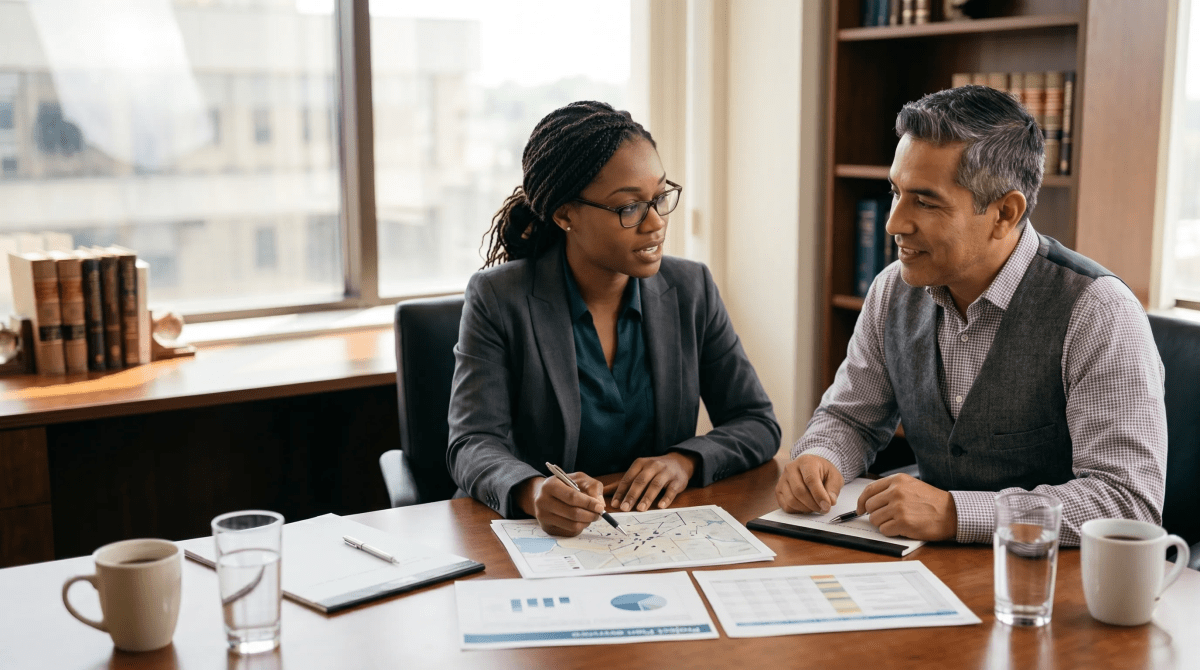Law firm owner consulting with a client in a professional office setting