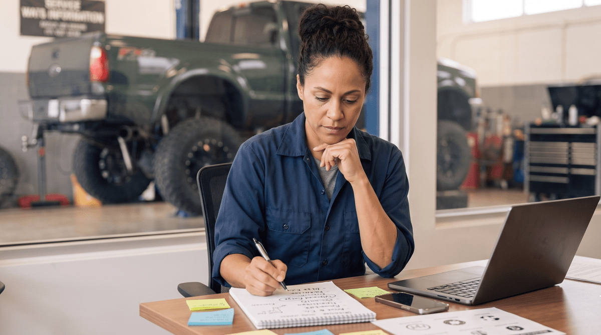Lifted truck shop owner brainstorming business name ideas