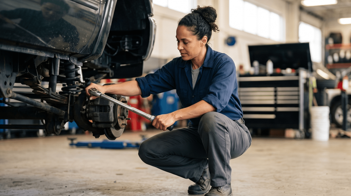Lifted truck shop owner installing a suspension lift on a truck