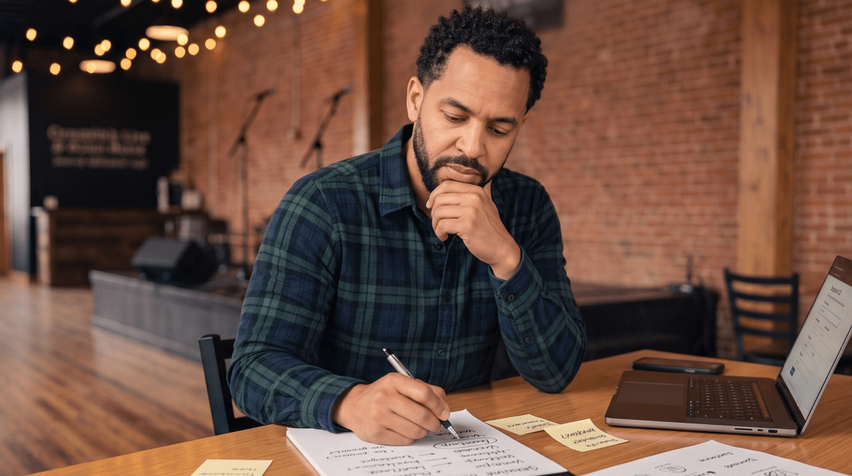 Live music venue owner brainstorming business name ideas