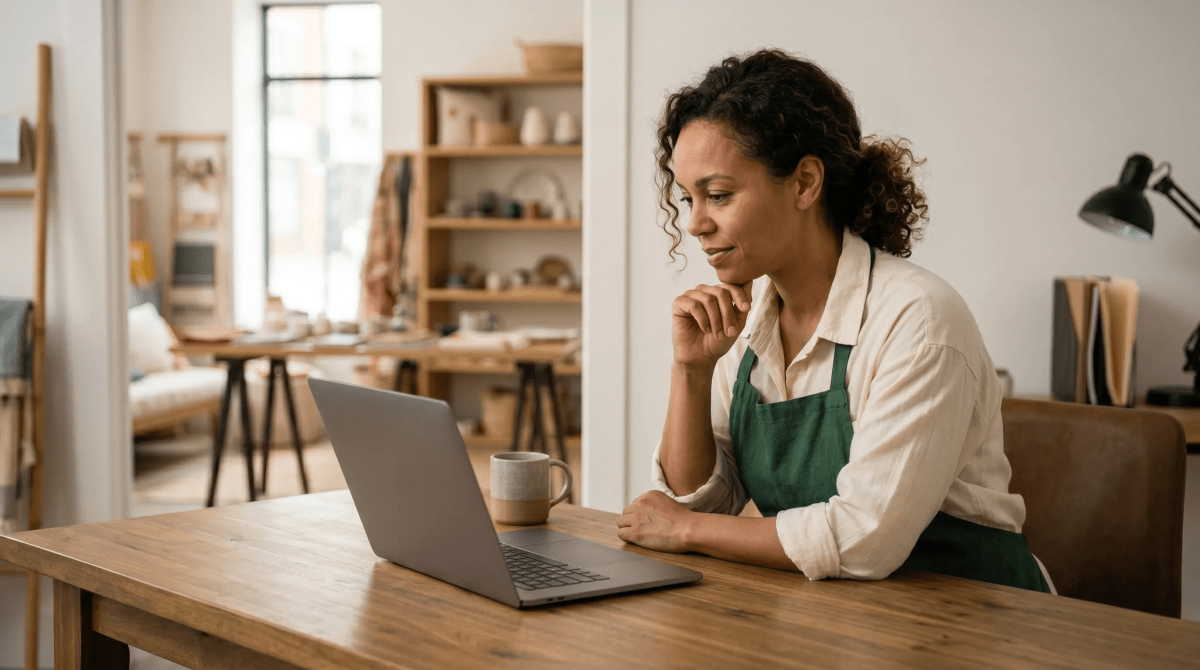 Local gift shop owner arranging products while starting an LLC