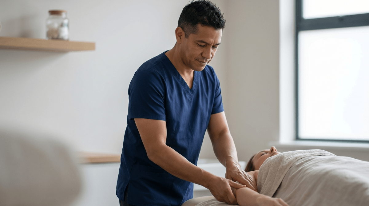 Lymphatic drainage therapist performing a massage on a client
