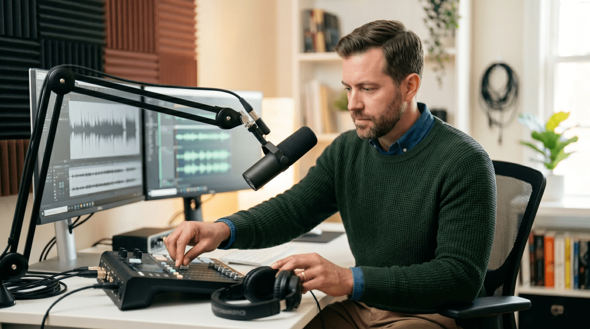 B2B podcast business owner and host recording and producing a professional podcast episode