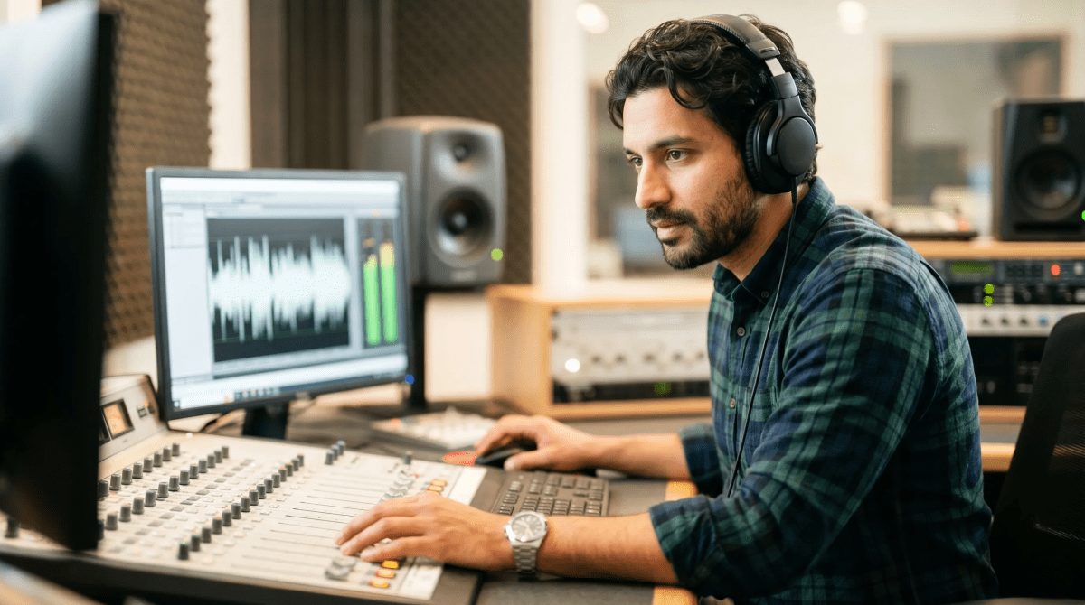 News radio station owner on-air for a live broadcast in a professional studio