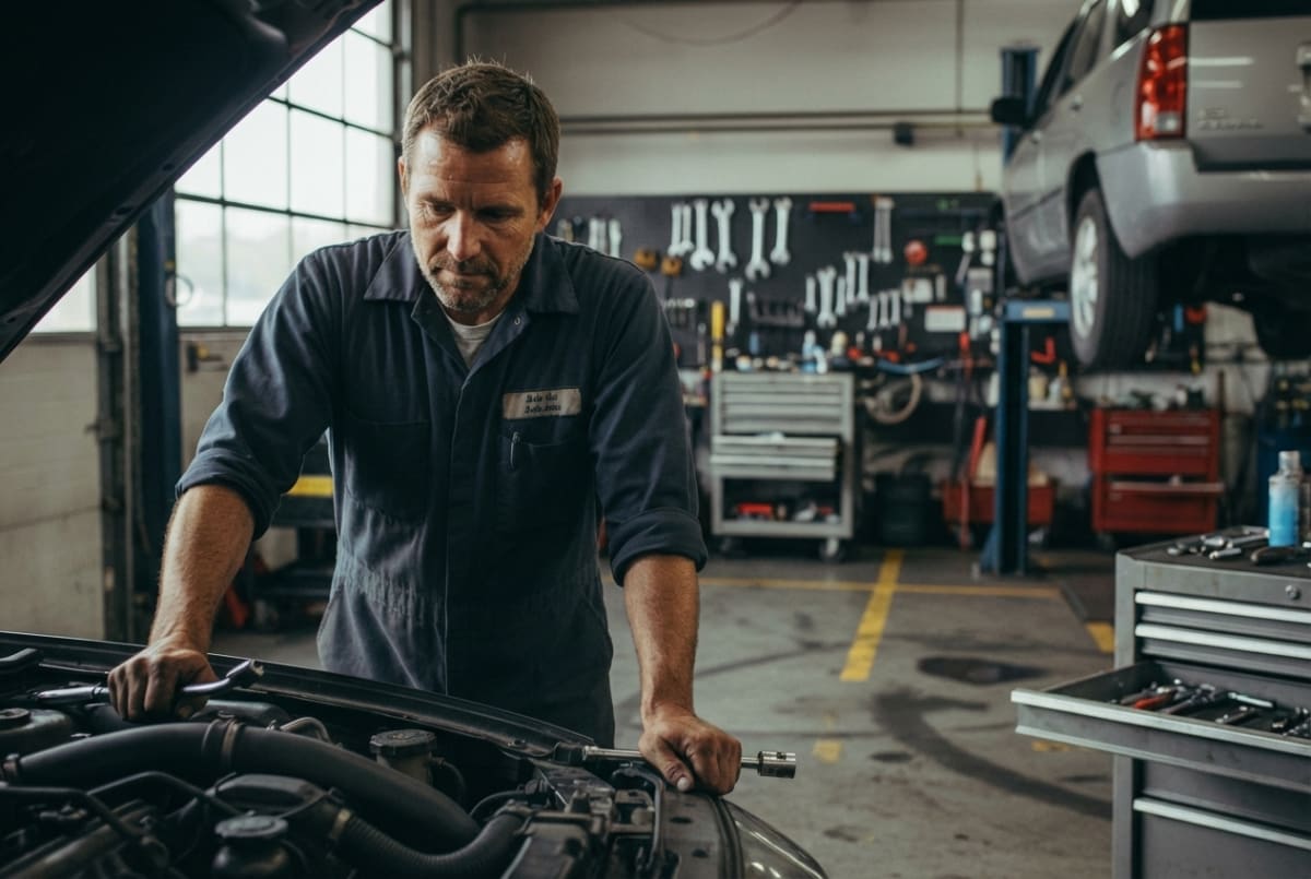 Auto mechanic working underneath a vehicle at a full-service auto repair shop