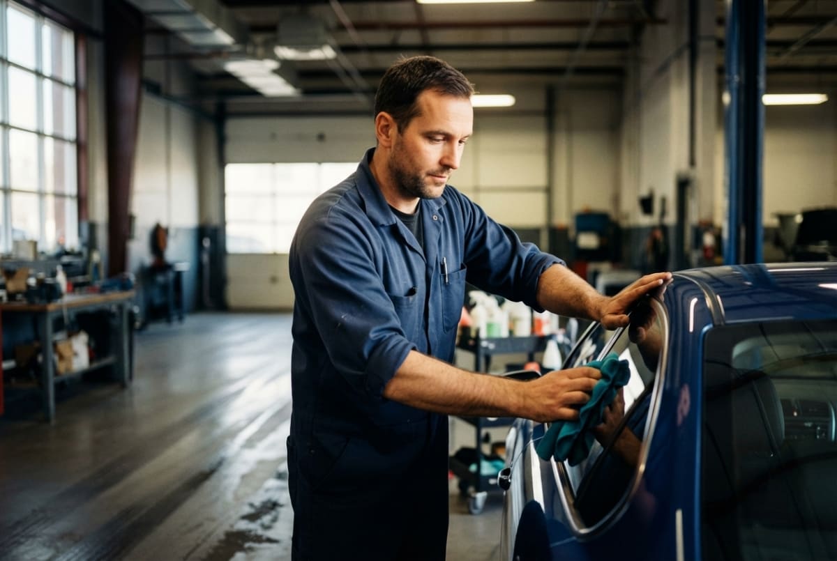 Auto detailing professional polishing and cleaning a car at a detailing shop