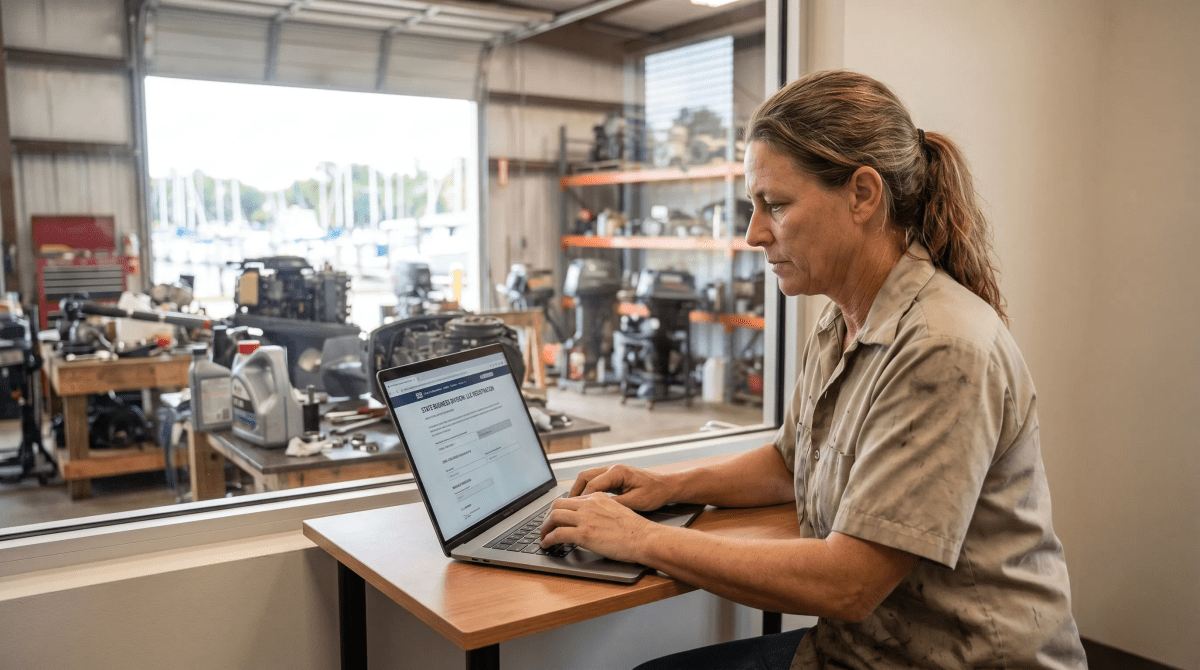 Marine small engine repair technician working on boat motor while forming an LLC