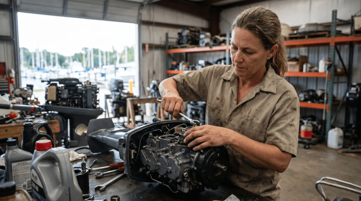 Marine small engine repair business owner actively servicing a boat motor