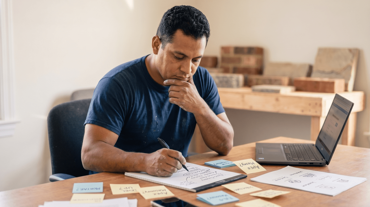 Masonry contractor reviewing LLC name ideas for a construction company