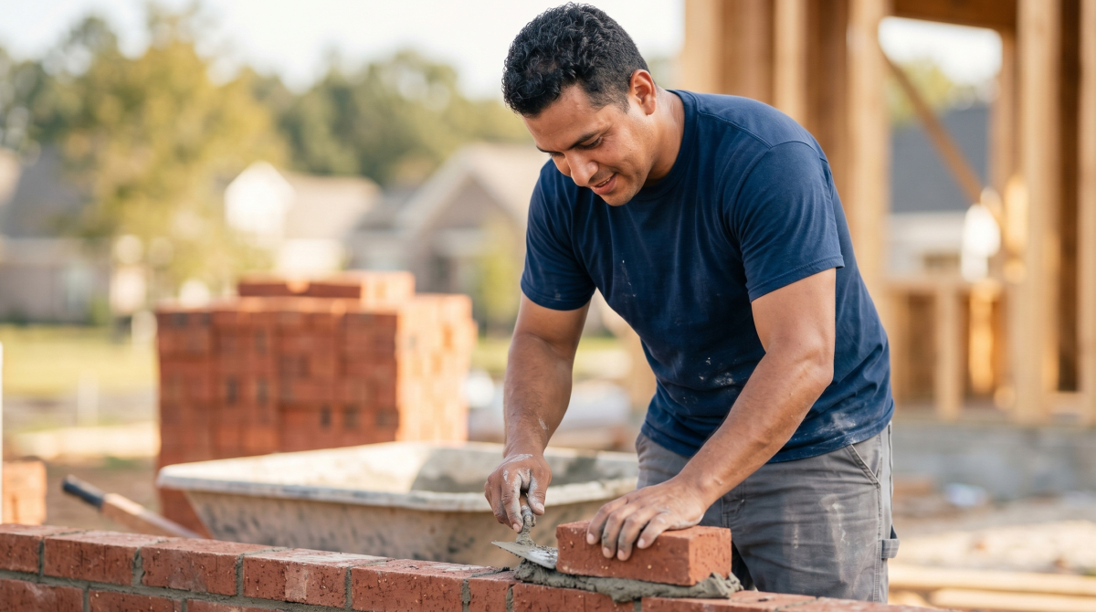 Masonry contractor laying bricks on a construction and masonry project