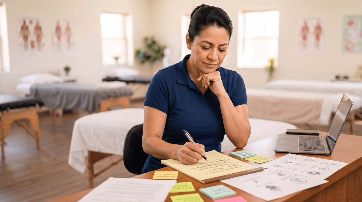 Massage therapy school owner brainstorming business name ideas
