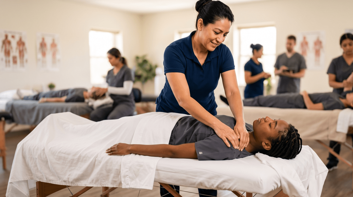 Massage therapy school owner teaching a massage therapy class