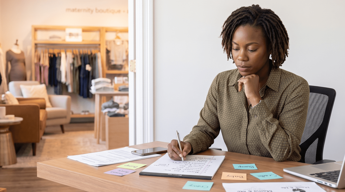 Maternity store business owner brainstorming business name ideas