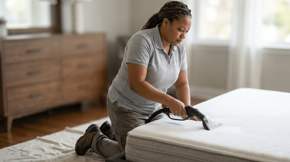 Mattress cleaning technician deep-cleaning a mattress with equipment