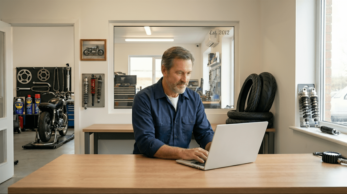 Mechanic registering a motorcycle repair business as an LLC on a computer