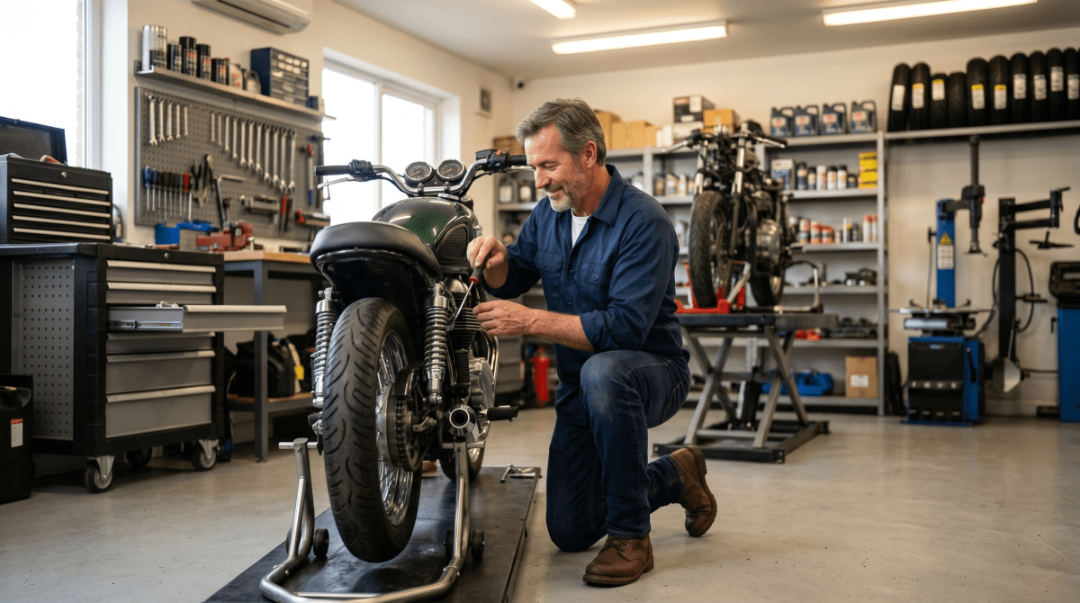 Motorcycle repair business owner actively working on a bike at a full-service repair shop