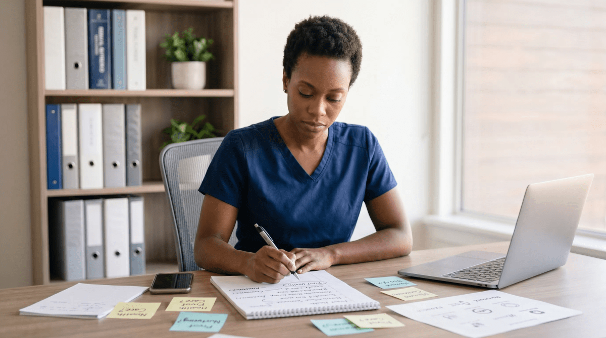 At-home health agency owner creating LLC name ideas for a healthcare business