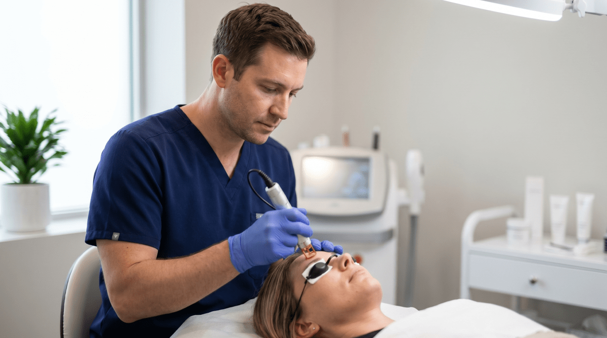 Medical spa owner providing a med spa treatment at a cosmetic wellness clinic