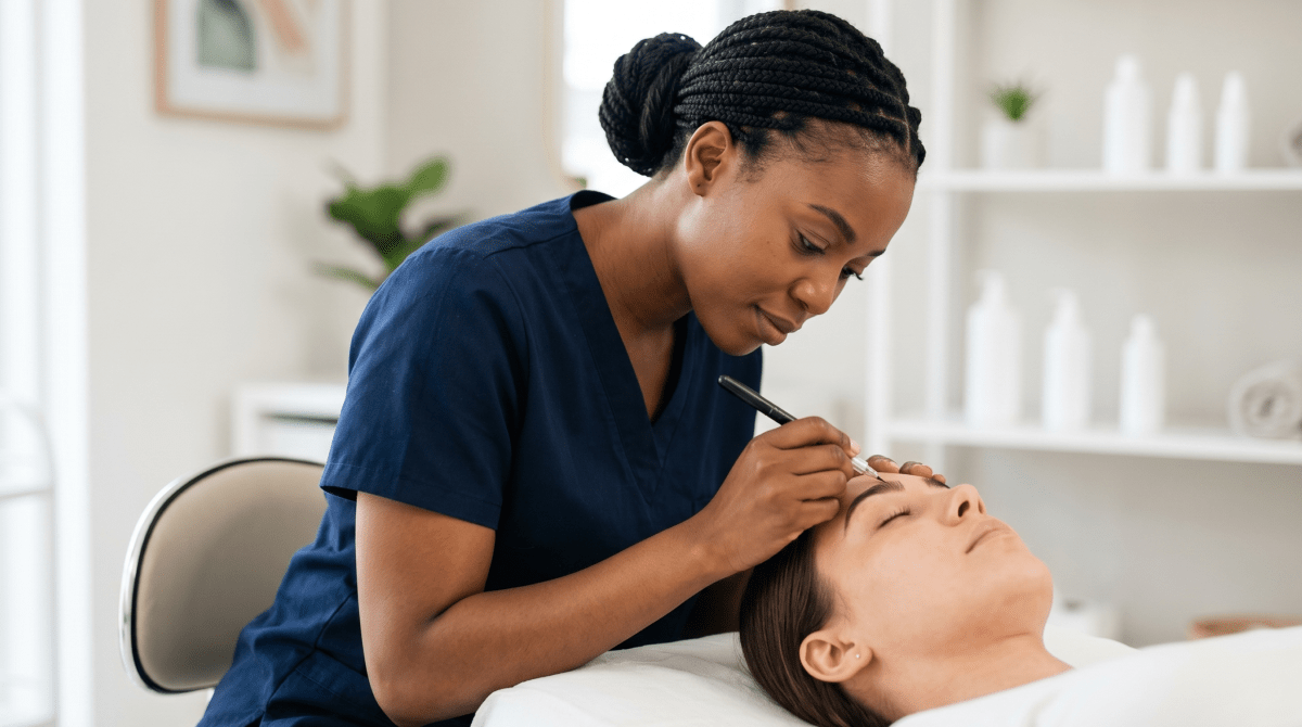 Microblading artist performing a professional eyebrow microblading service