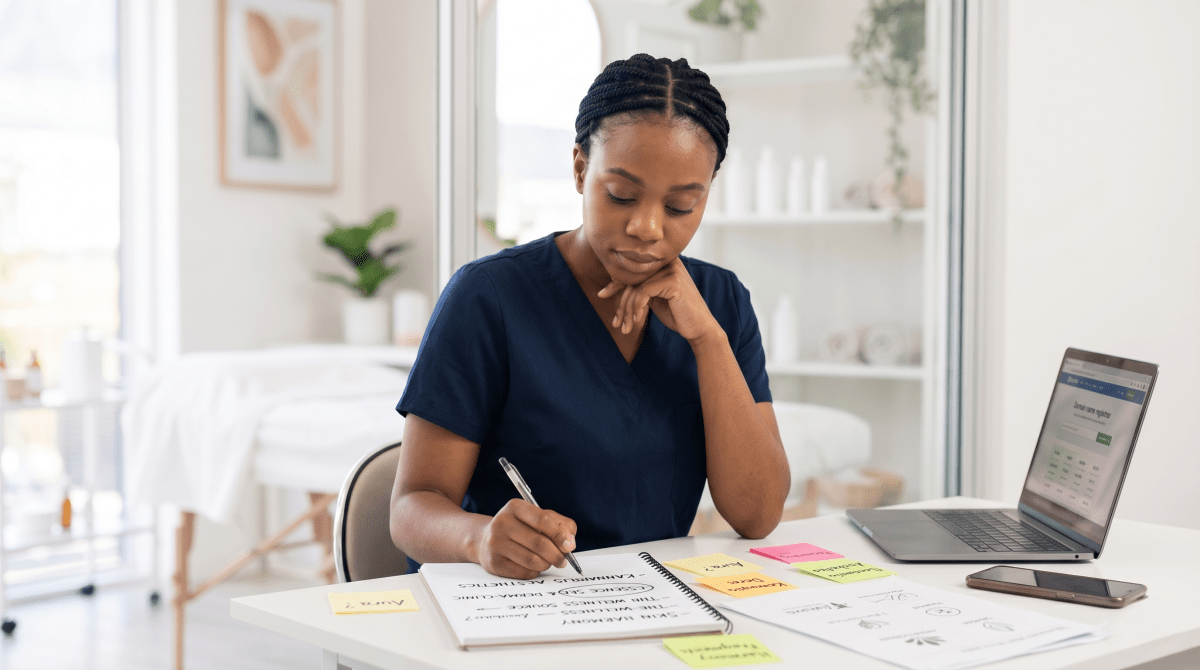 Microblading studio owner reviewing LLC business name ideas