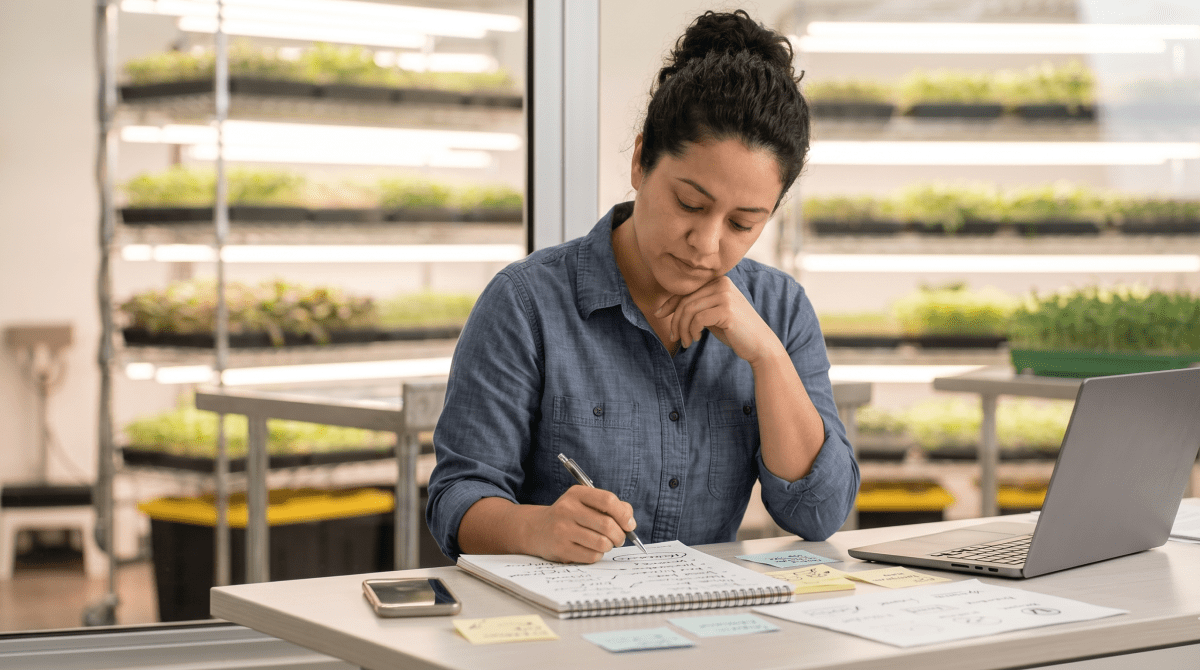 Microgreens delivery farm owner brainstorming LLC names for a fresh produce business