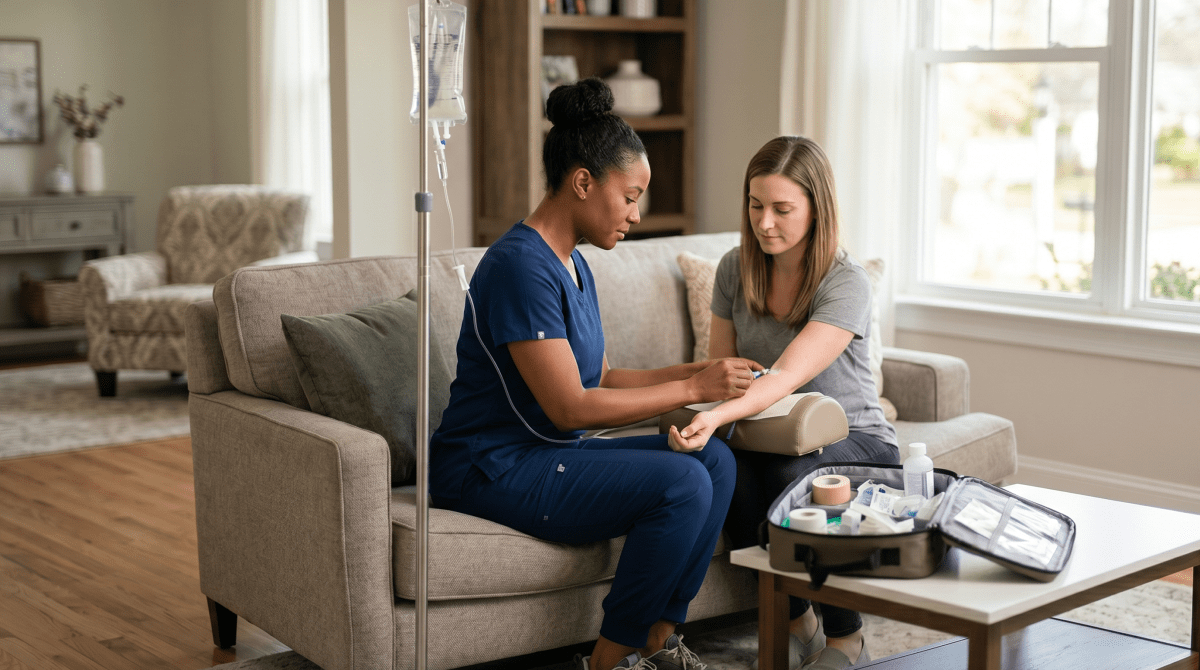 Mobile IV therapy nurse setting up an infusion for a client at home