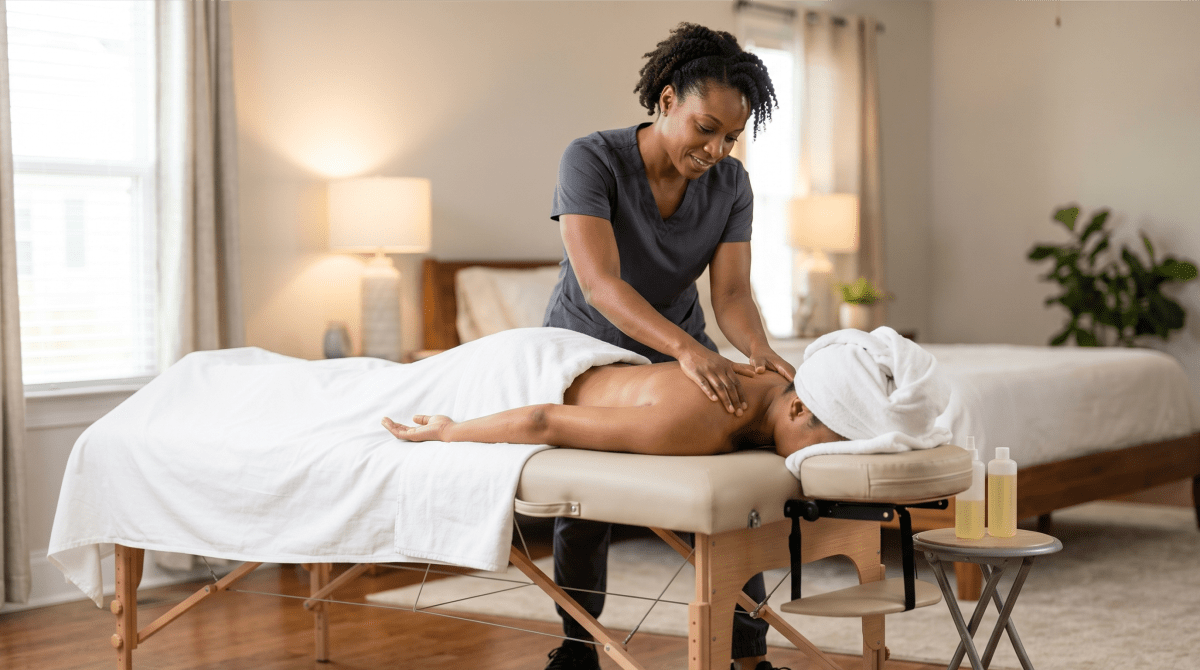 Mobile massage therapist providing an in-home massage therapy service for clients